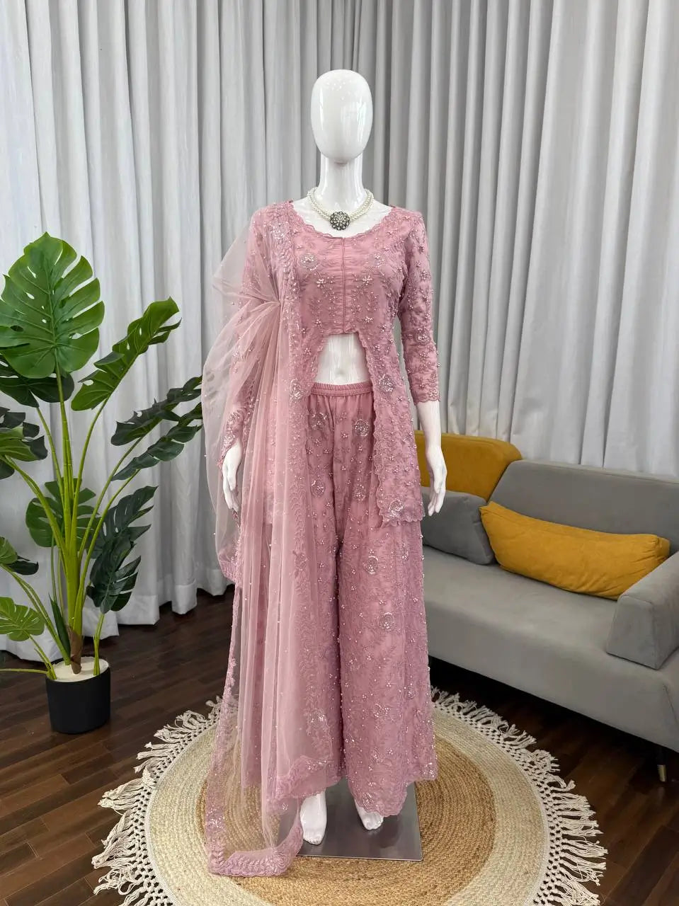 Dusty Rose Embroidered Georgette Palazzo Suit Set
