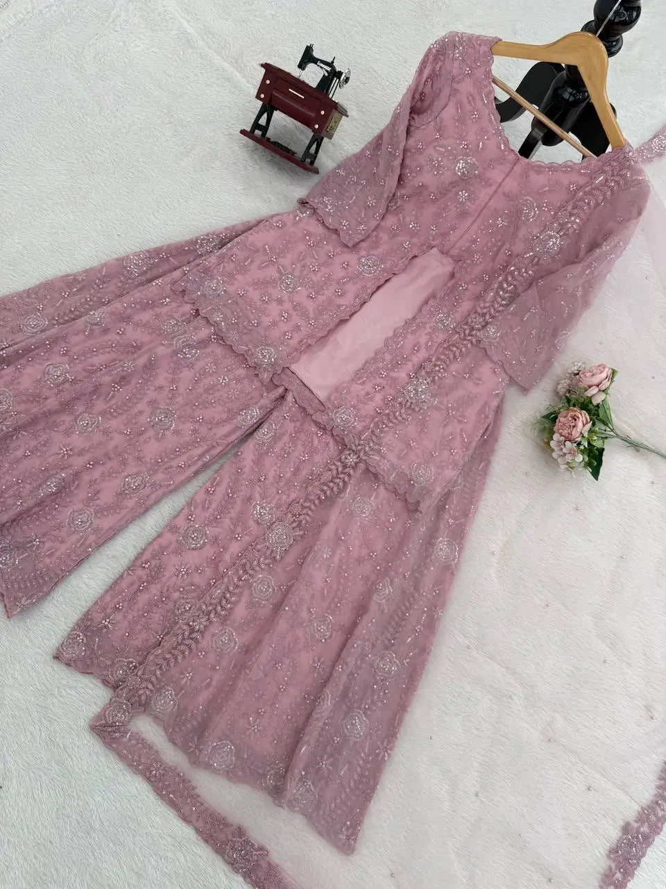 Dusty Rose Embroidered Georgette Palazzo Suit Set