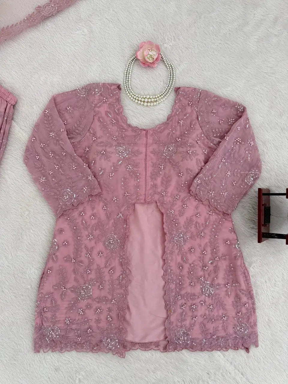 Dusty Rose Embroidered Georgette Palazzo Suit Set