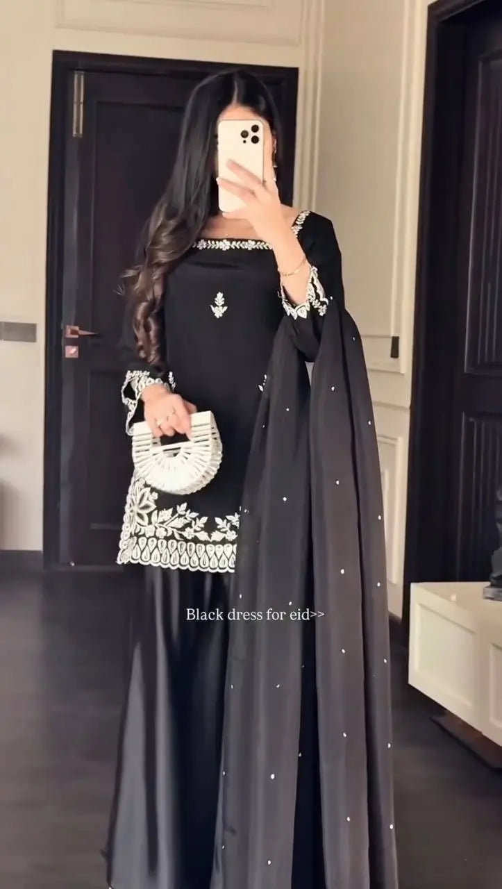 Black Natural Crepe Palazzo Suit Set