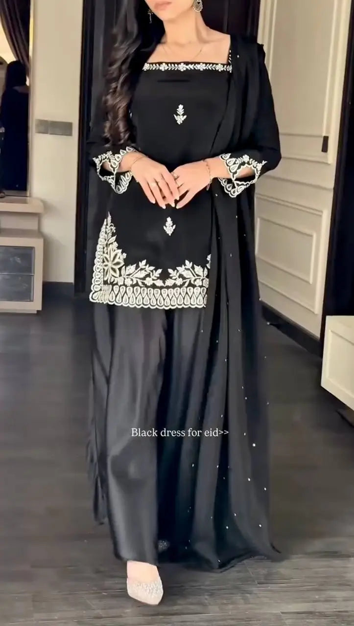 Black Natural Crepe Palazzo Suit Set