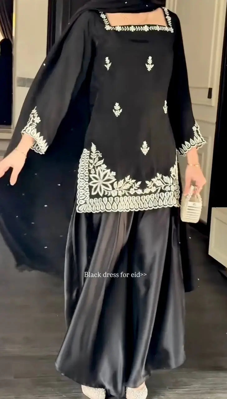 Black Natural Crepe Palazzo Suit Set