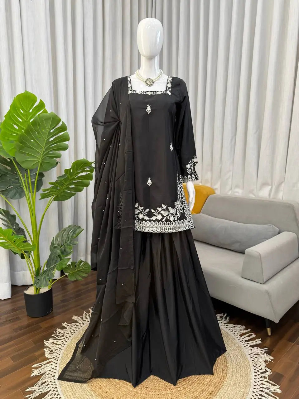 Black Natural Crepe Palazzo Suit Set