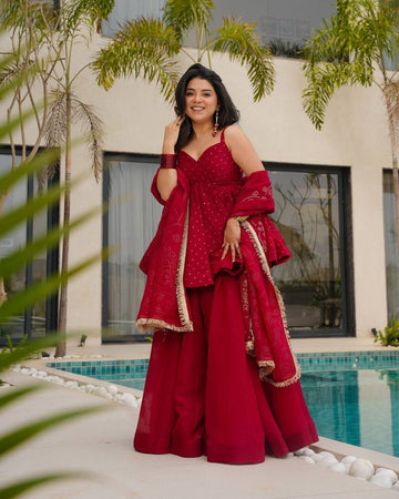 Crimson Red Tabby Organza Mukesh Work Palazzo Set