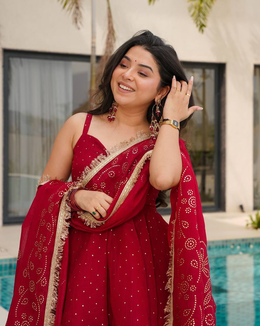 Crimson Red Tabby Organza Mukesh Work Palazzo Set