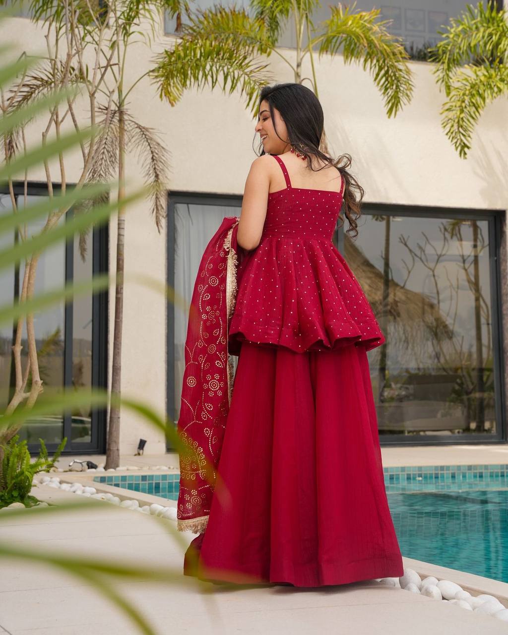 Crimson Red Tabby Organza Mukesh Work Palazzo Set