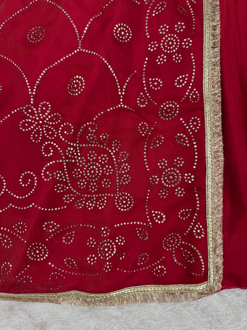Crimson Red Tabby Organza Mukesh Work Palazzo Set