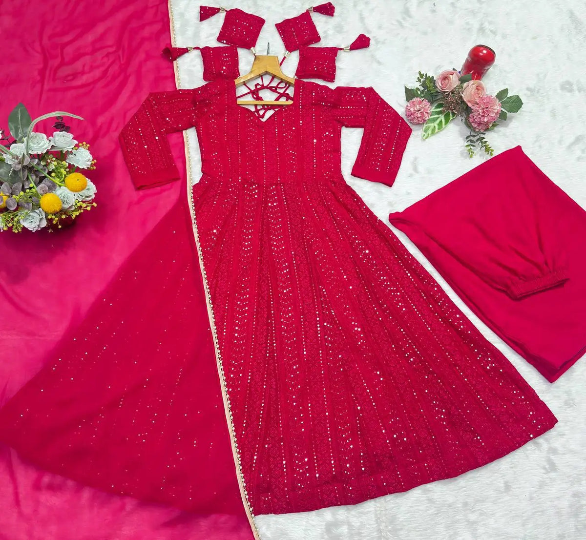 Red Pink Sequins Embroidered Anarkali Sharara Suit Set