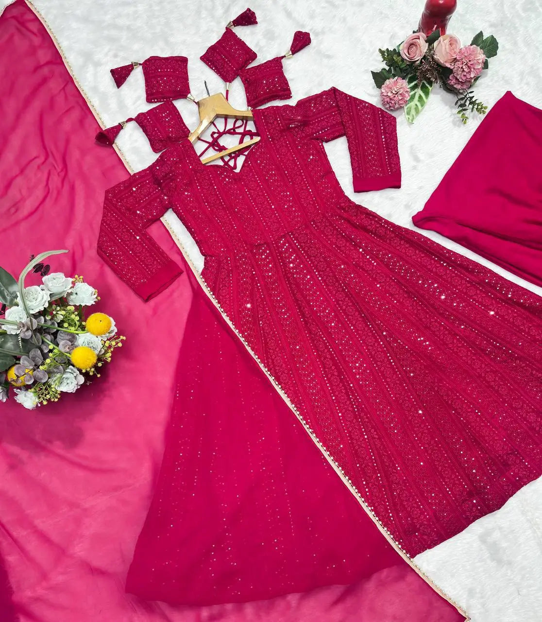 Red Pink Sequins Embroidered Anarkali Sharara Suit Set
