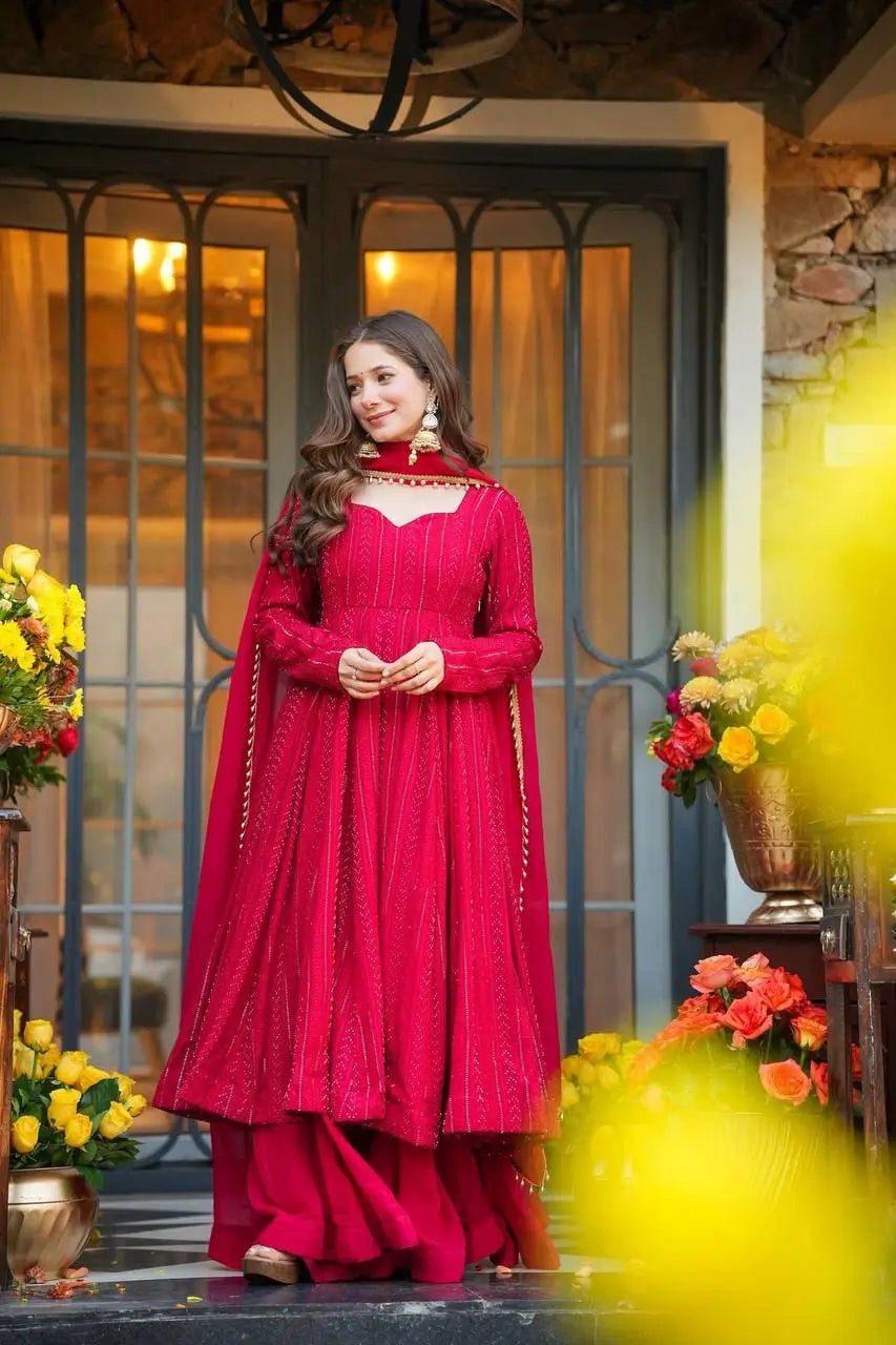 Red Pink Sequins Embroidered Anarkali Sharara Suit Set