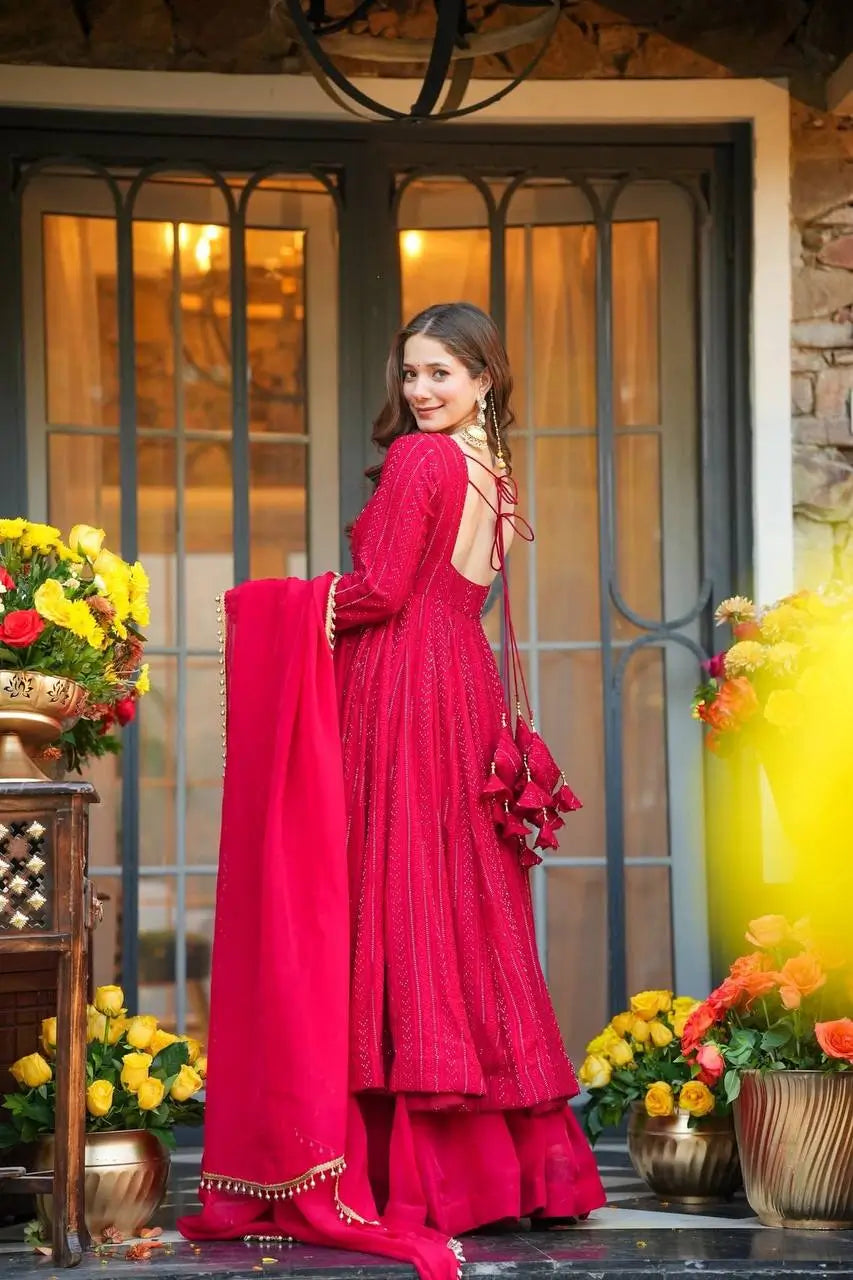 Red Pink Sequins Embroidered Anarkali Sharara Suit Set