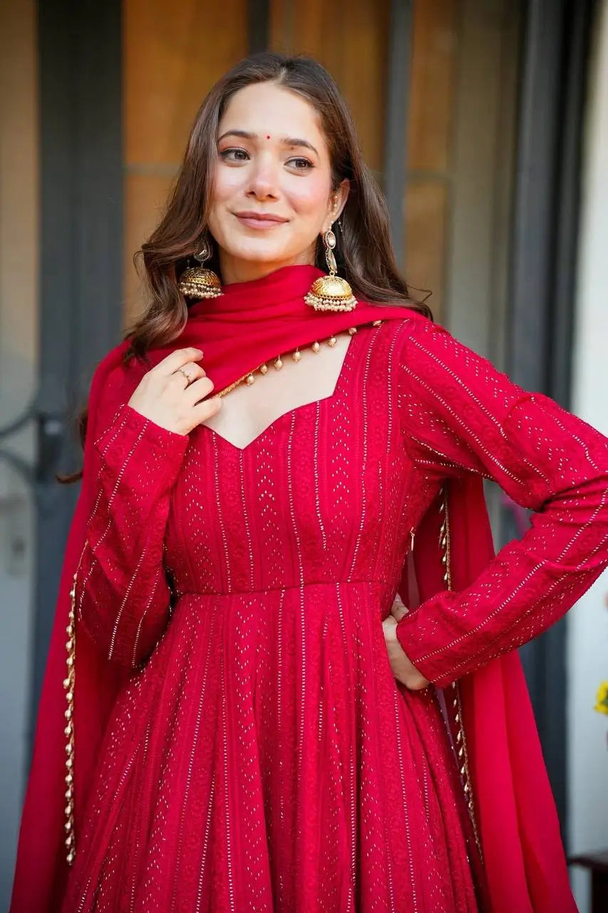 Red Pink Sequins Embroidered Anarkali Sharara Suit Set