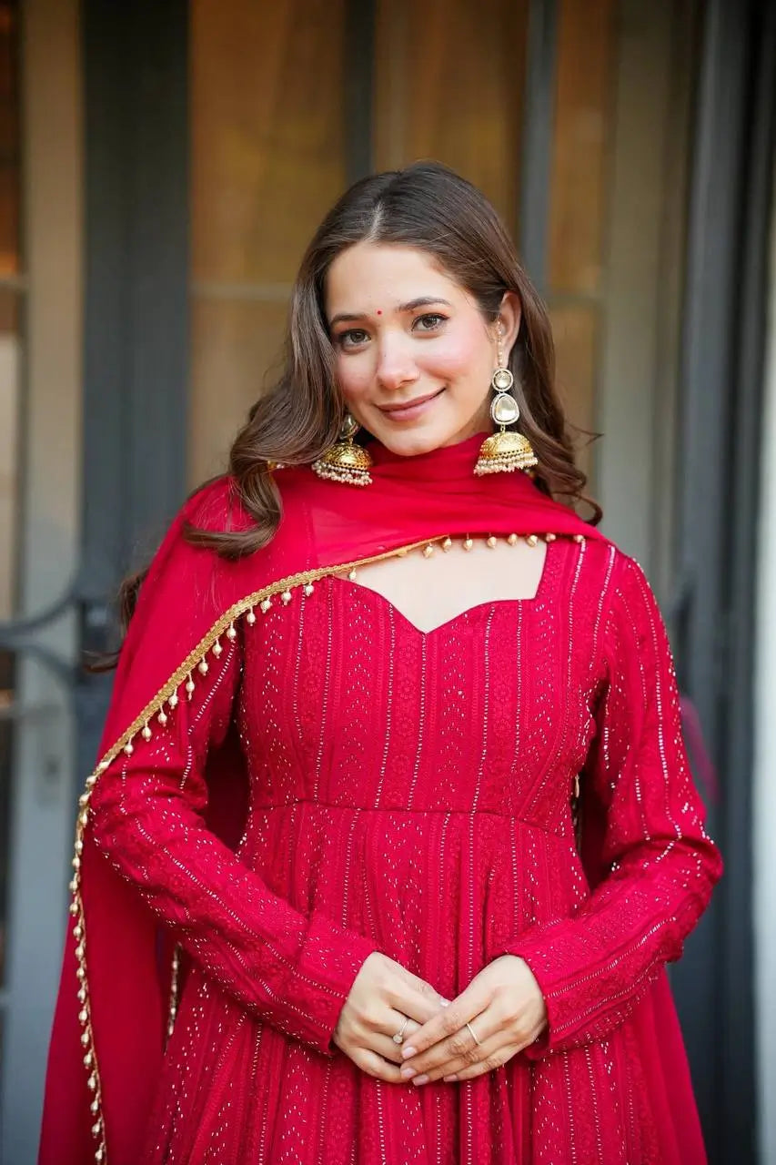 Red Pink Sequins Embroidered Anarkali Sharara Suit Set