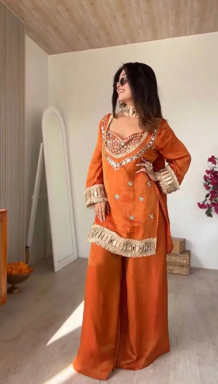 Orange Mirror Work Fendy Silk Kurta Palazzo Set
