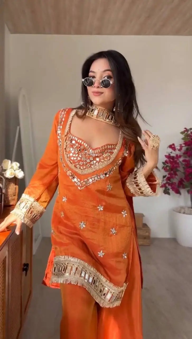 Orange Mirror Work Fendy Silk Kurta Palazzo Set