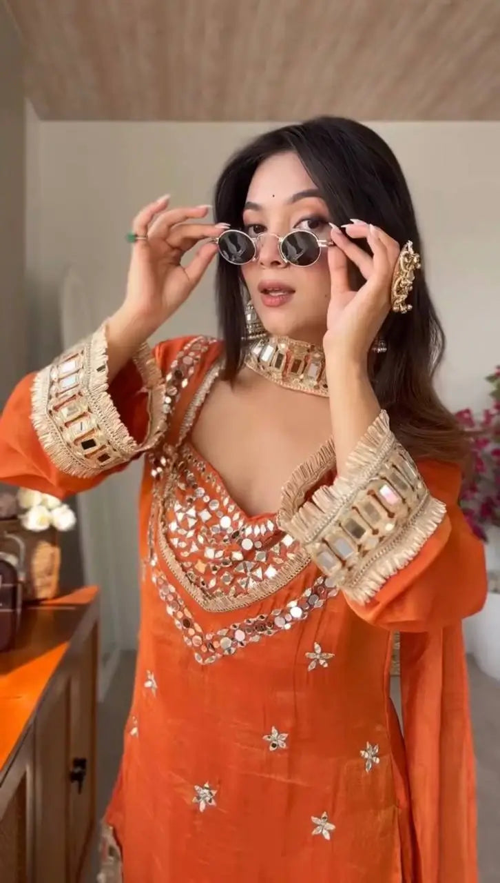 Orange Mirror Work Fendy Silk Kurta Palazzo Set