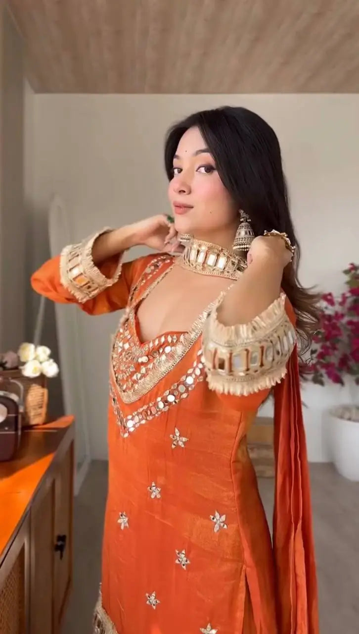 Orange Mirror Work Fendy Silk Kurta Palazzo Set