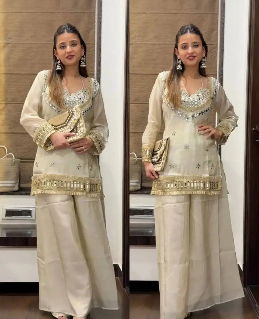 Off White Mirror Work Fendy Silk Kurta Palazzo Set