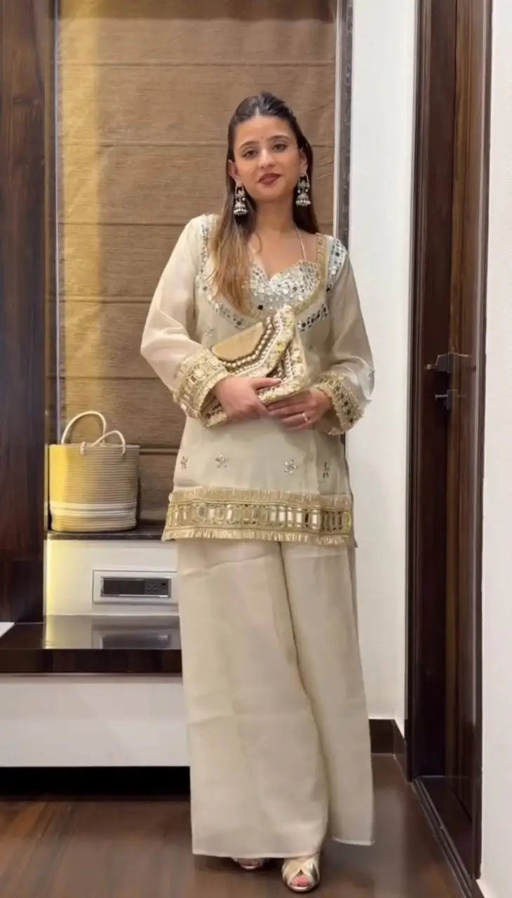 Off White Mirror Work Fendy Silk Kurta Palazzo Set