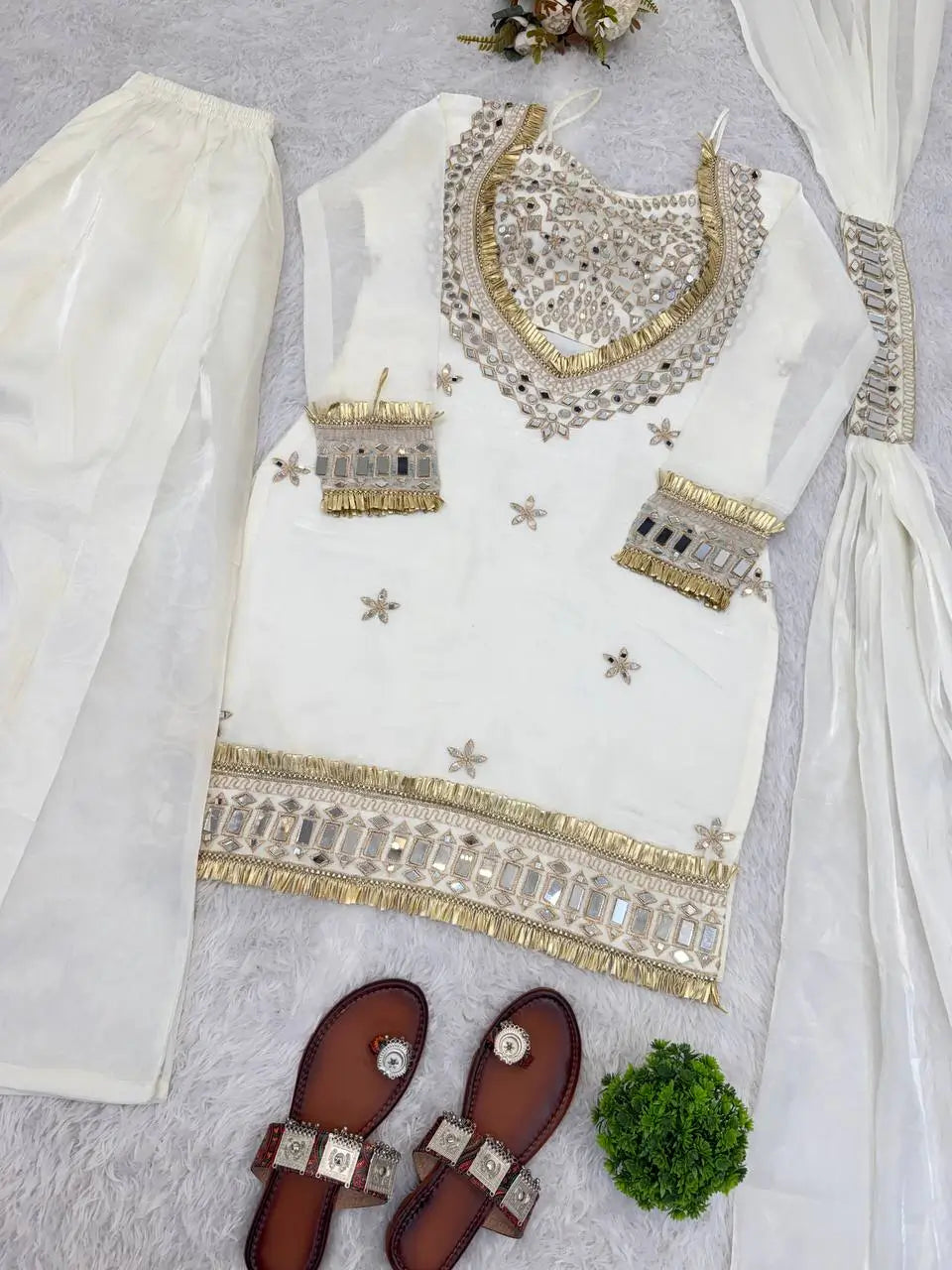 Off White Mirror Work Fendy Silk Kurta Palazzo Set
