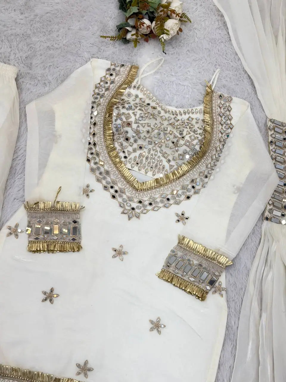 Off White Mirror Work Fendy Silk Kurta Palazzo Set
