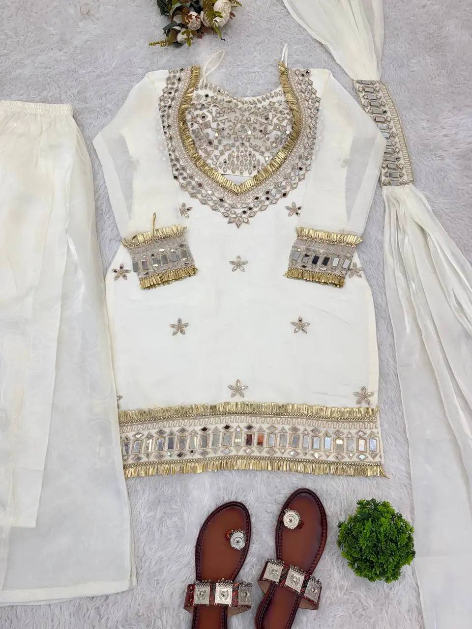 Off White Mirror Work Fendy Silk Kurta Palazzo Set