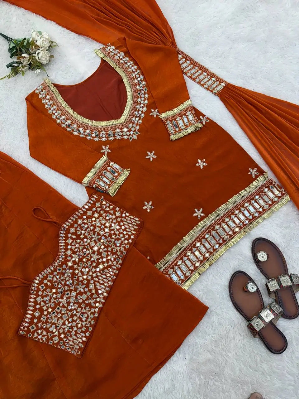 Orange Mirror Work Fendy Silk Kurta Palazzo Set