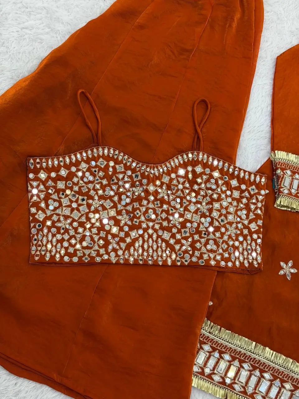 Orange Mirror Work Fendy Silk Kurta Palazzo Set
