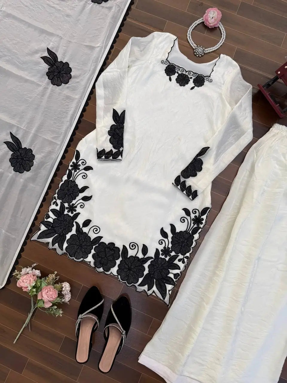 Off White & Black Embroidered Fendy Silk Palazzo Suit Set