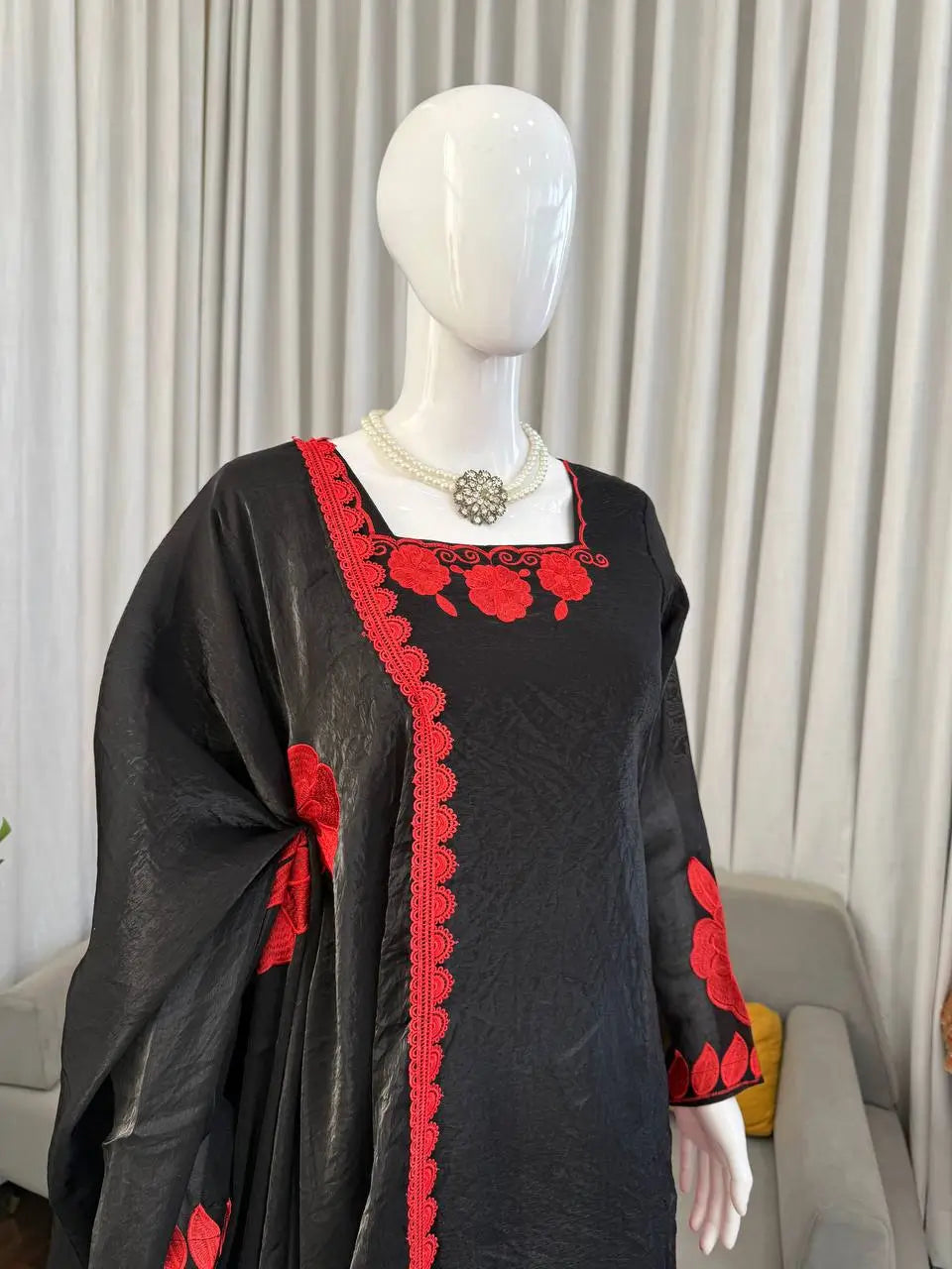 Black & Red Embroidered Fendy Silk Palazzo Suit Set