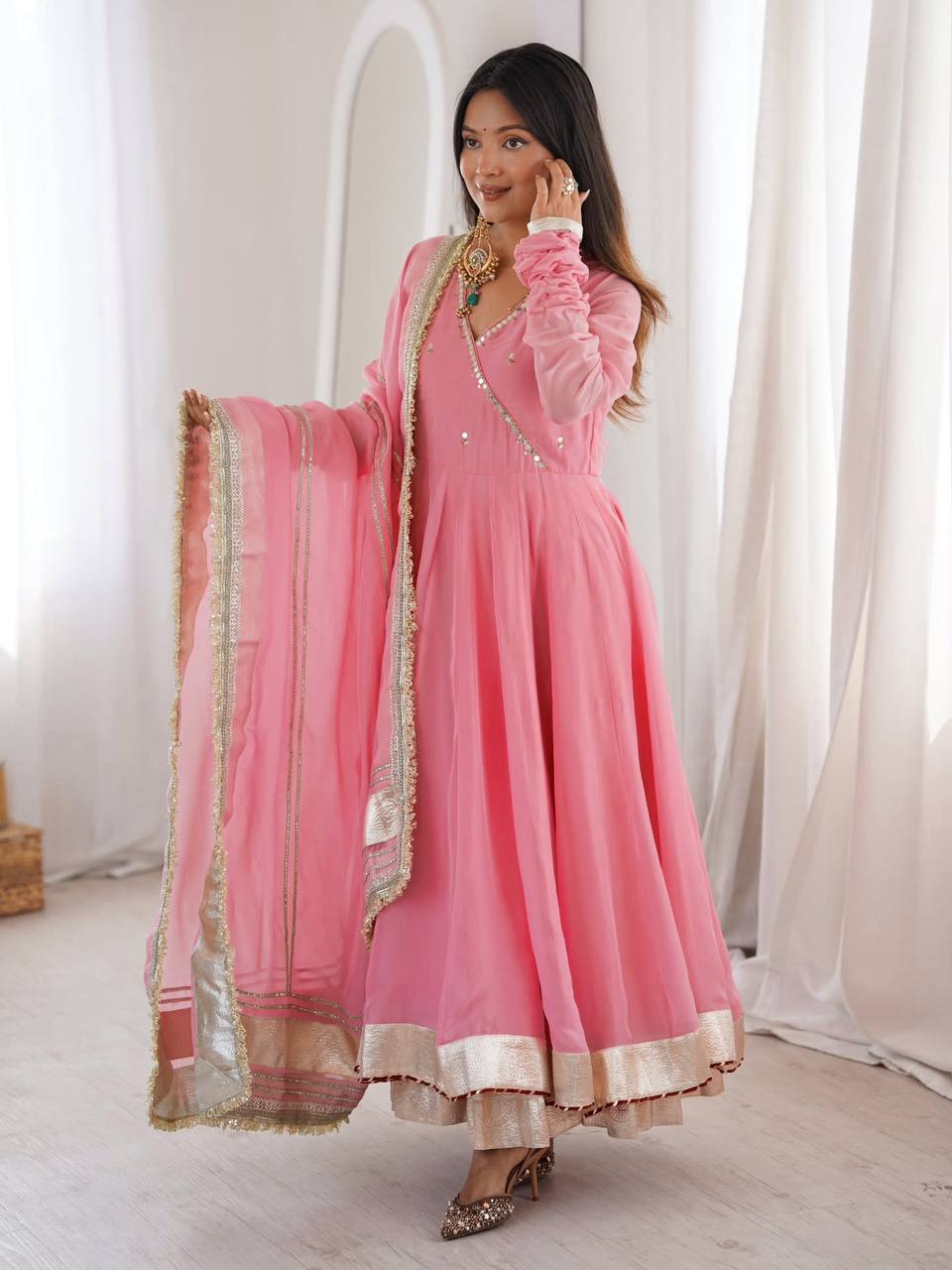 Organza Anarkali Set with Mirror Work