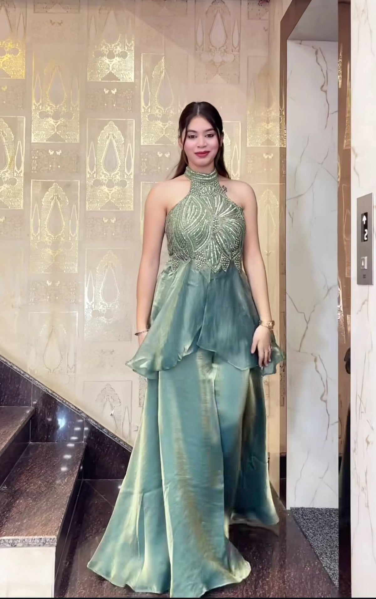 Rose & Teal Sequin Embroidered Sharara Set