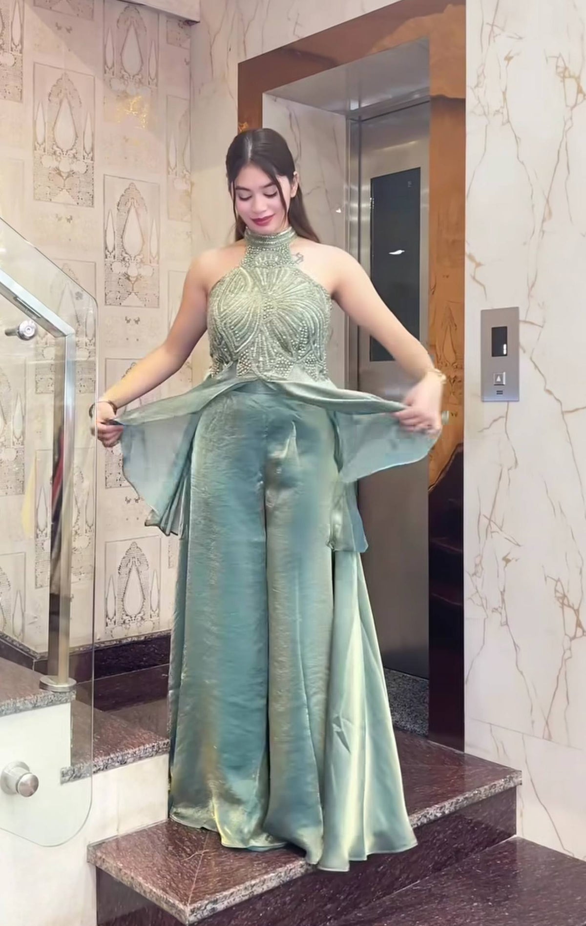Rose & Teal Sequin Embroidered Sharara Set