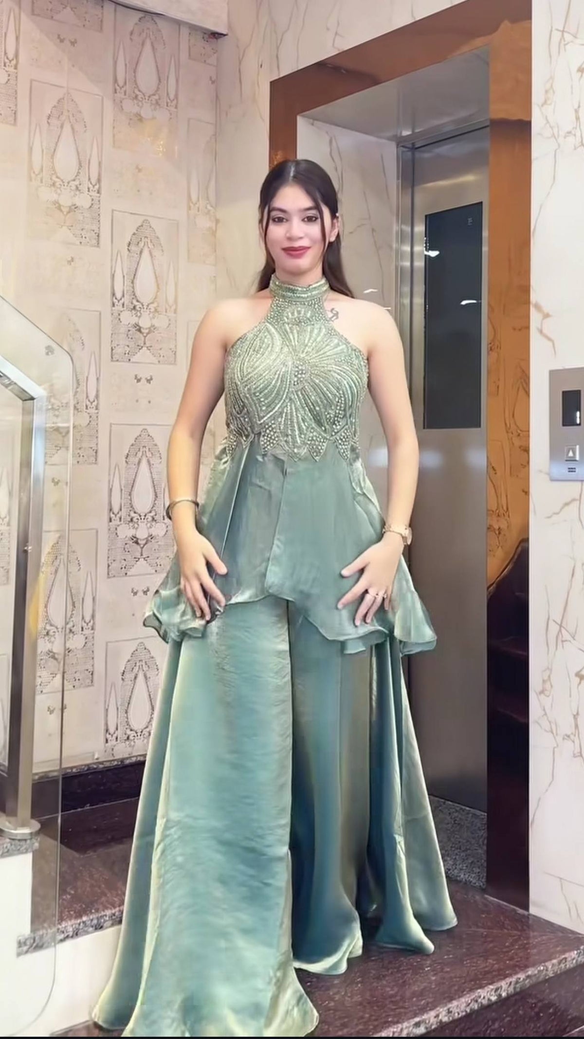 Rose & Teal Sequin Embroidered Sharara Set