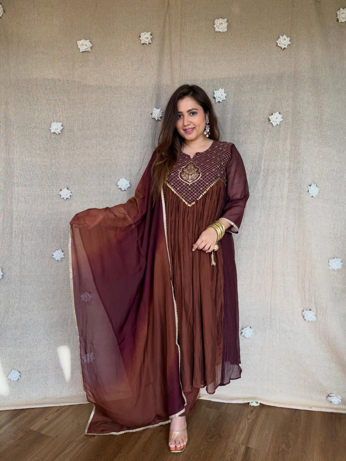 Emerald Teal Ombre Mal Chanderi Anarkali Set
