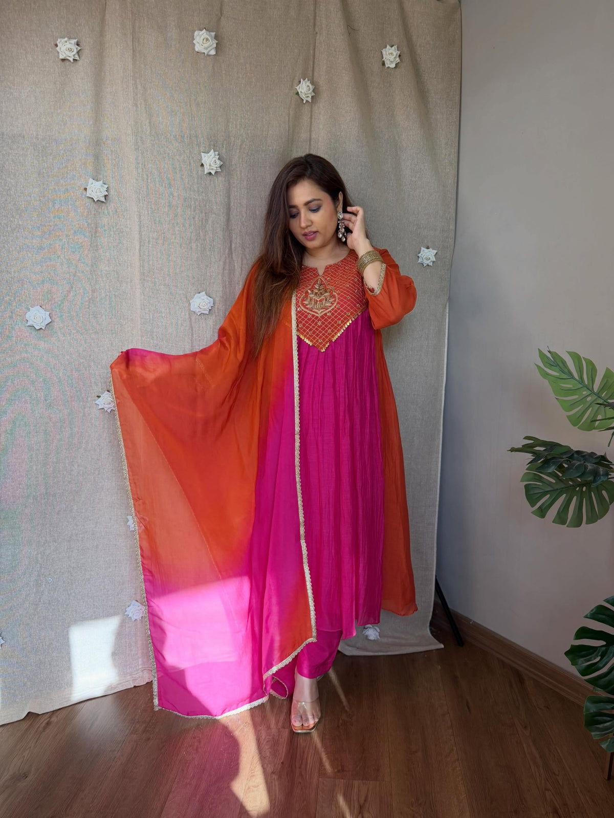 Emerald Teal Ombre Mal Chanderi Anarkali Set