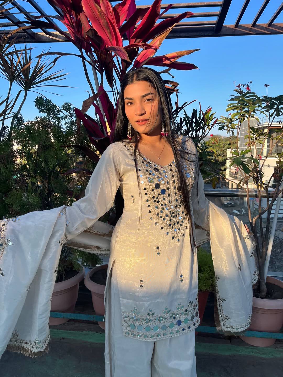 Ivory Mirrorwork Embroidered Palazzo Set