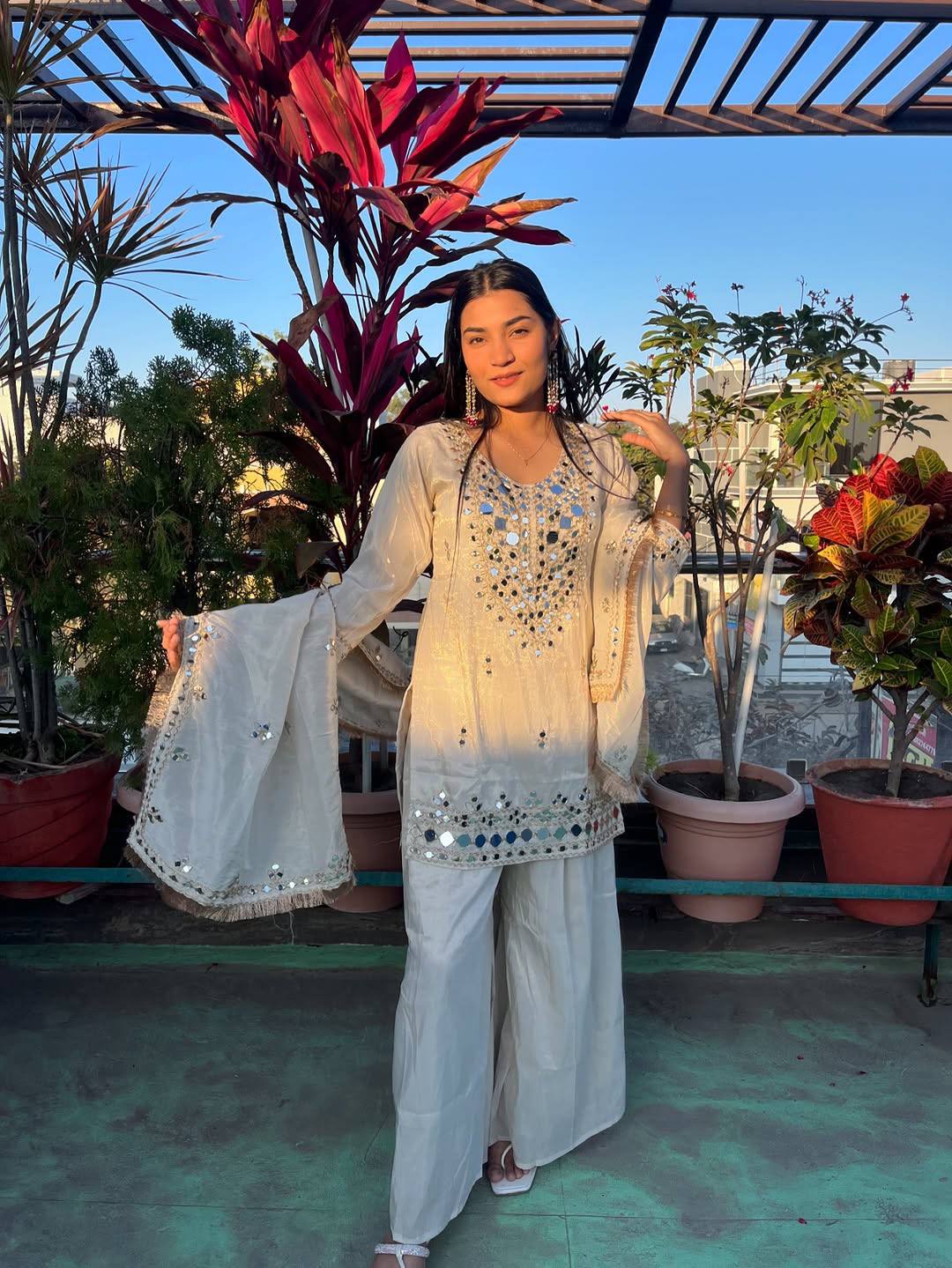 Ivory Mirrorwork Embroidered Palazzo Set