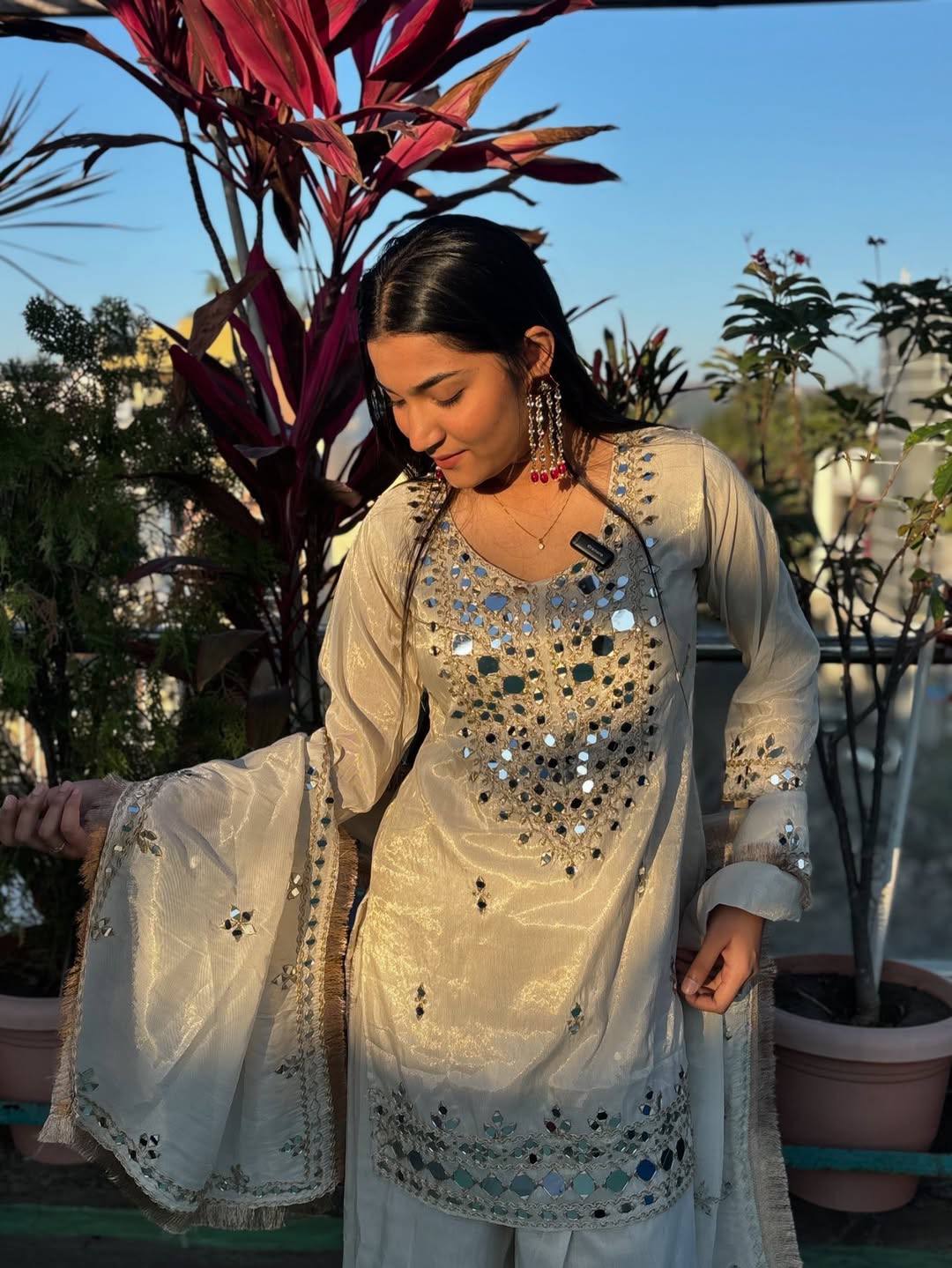 Ivory Mirrorwork Embroidered Palazzo Set