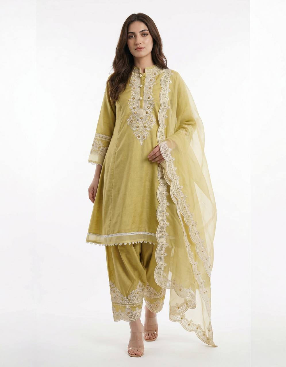 Pistachio Bloom Lace Embroidered Suit Set