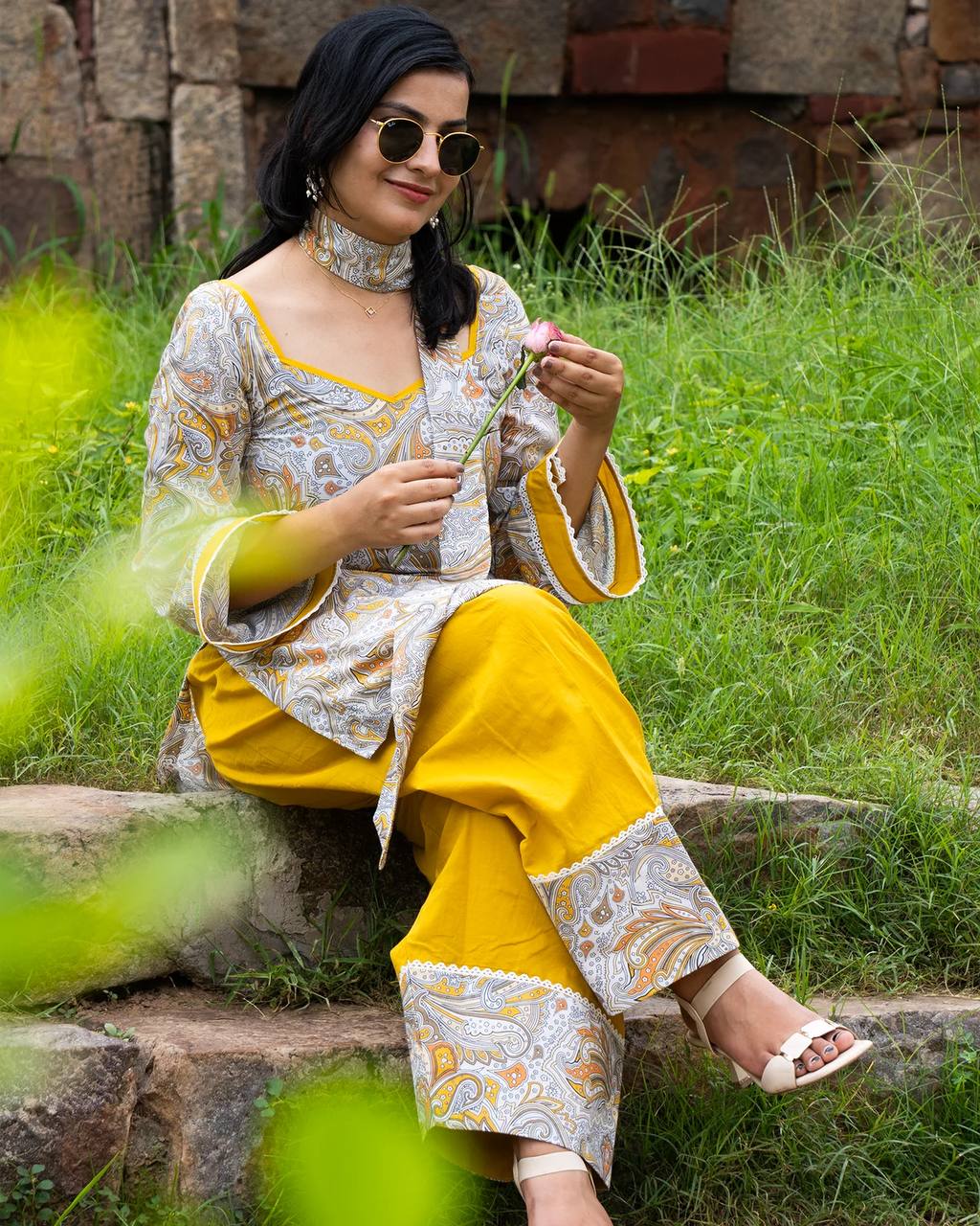 Mustard Natural Crepe Farshi Set