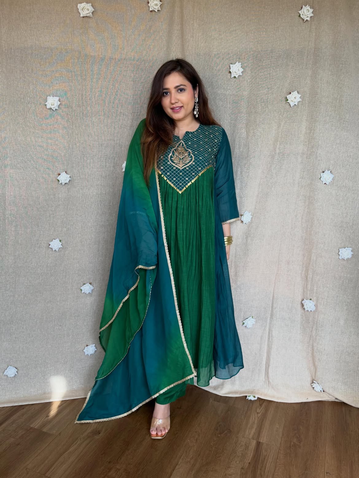 Emerald Teal Ombre Mal Chanderi Anarkali Set