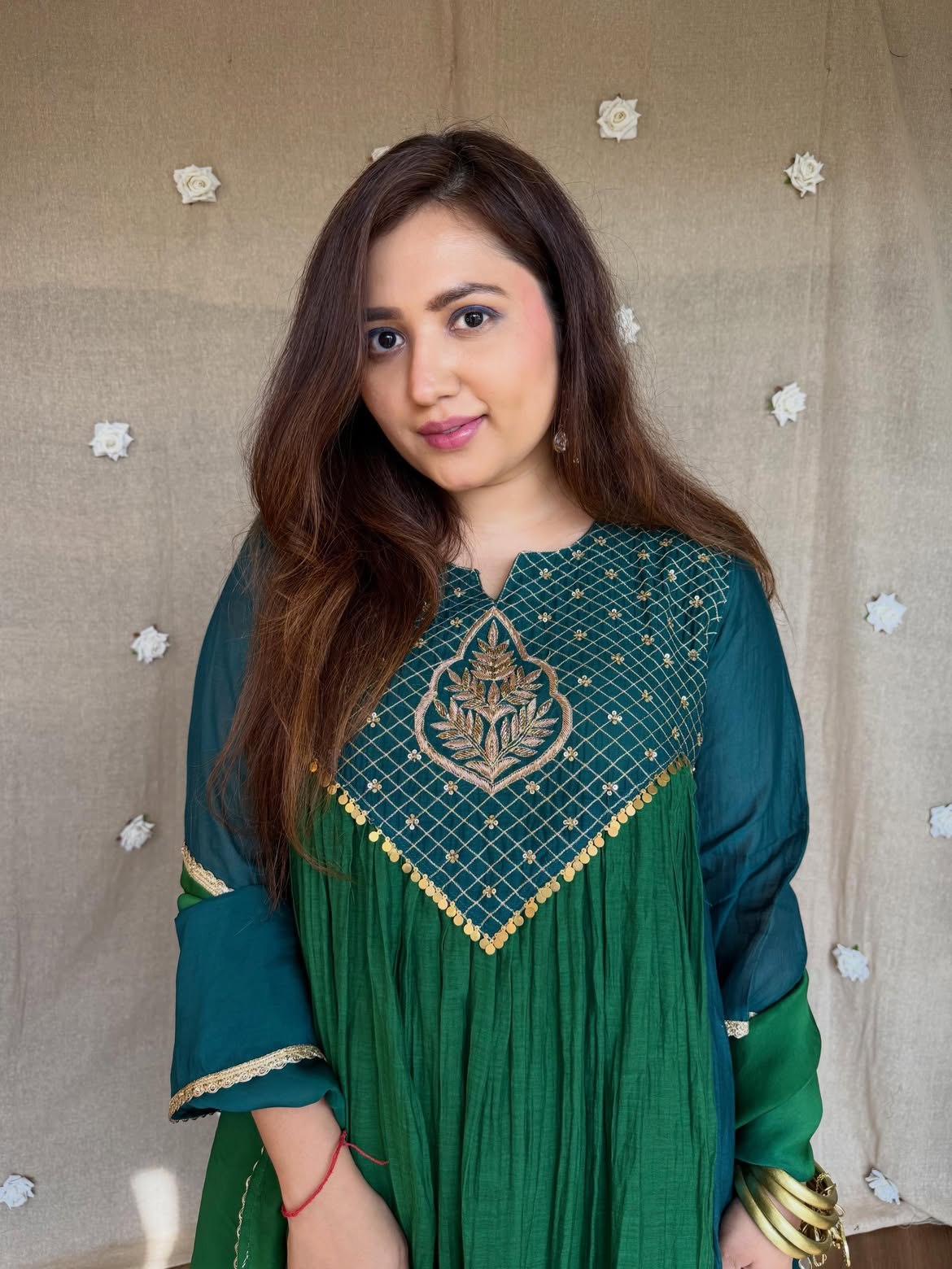 Emerald Teal Ombre Mal Chanderi Anarkali Set