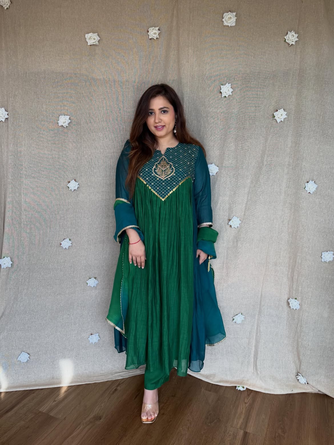 Emerald Teal Ombre Mal Chanderi Anarkali Set