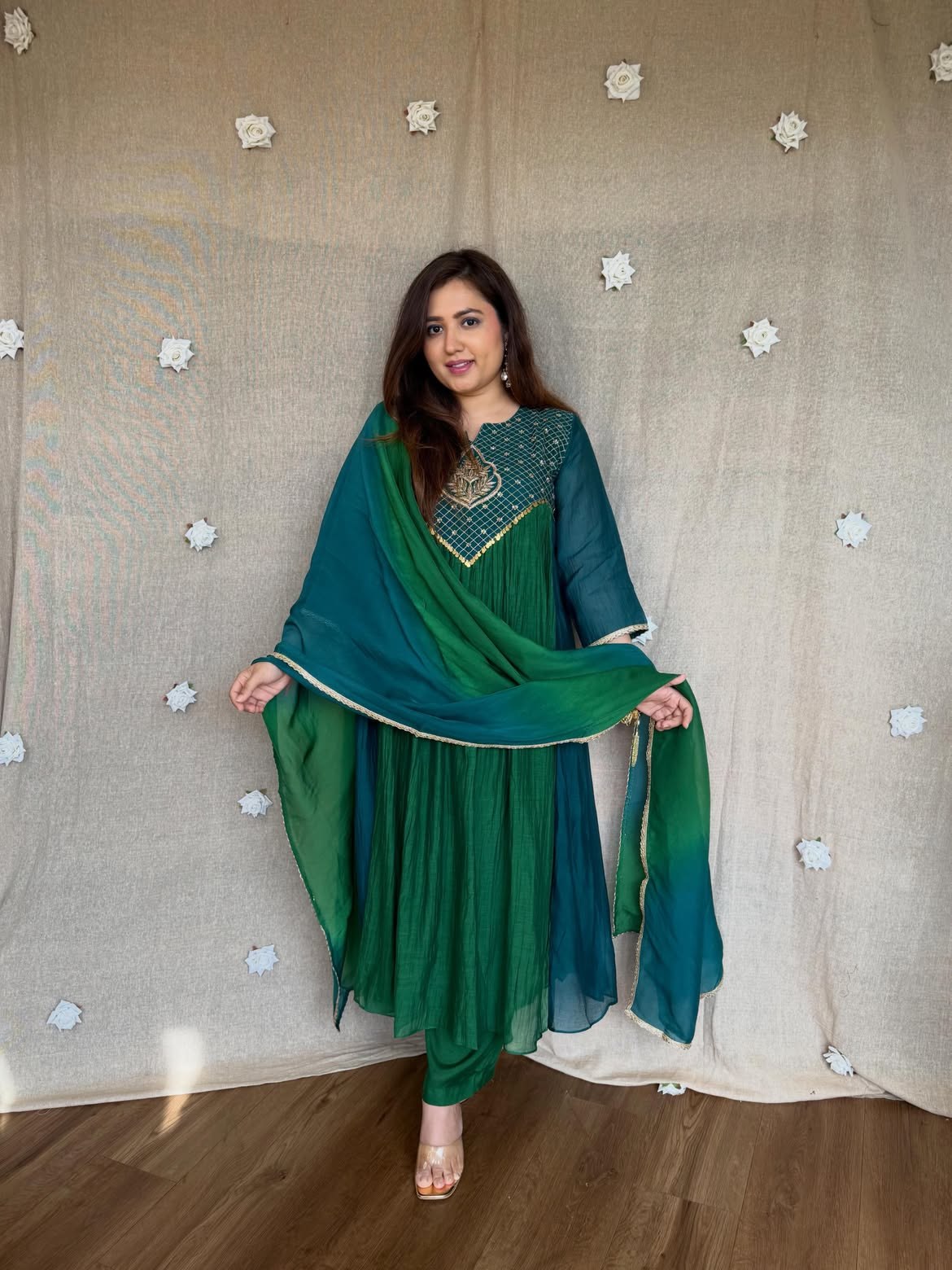 Emerald Teal Ombre Mal Chanderi Anarkali Set