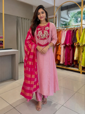 Pink Mul Chanderi Banarasi Suit Set
