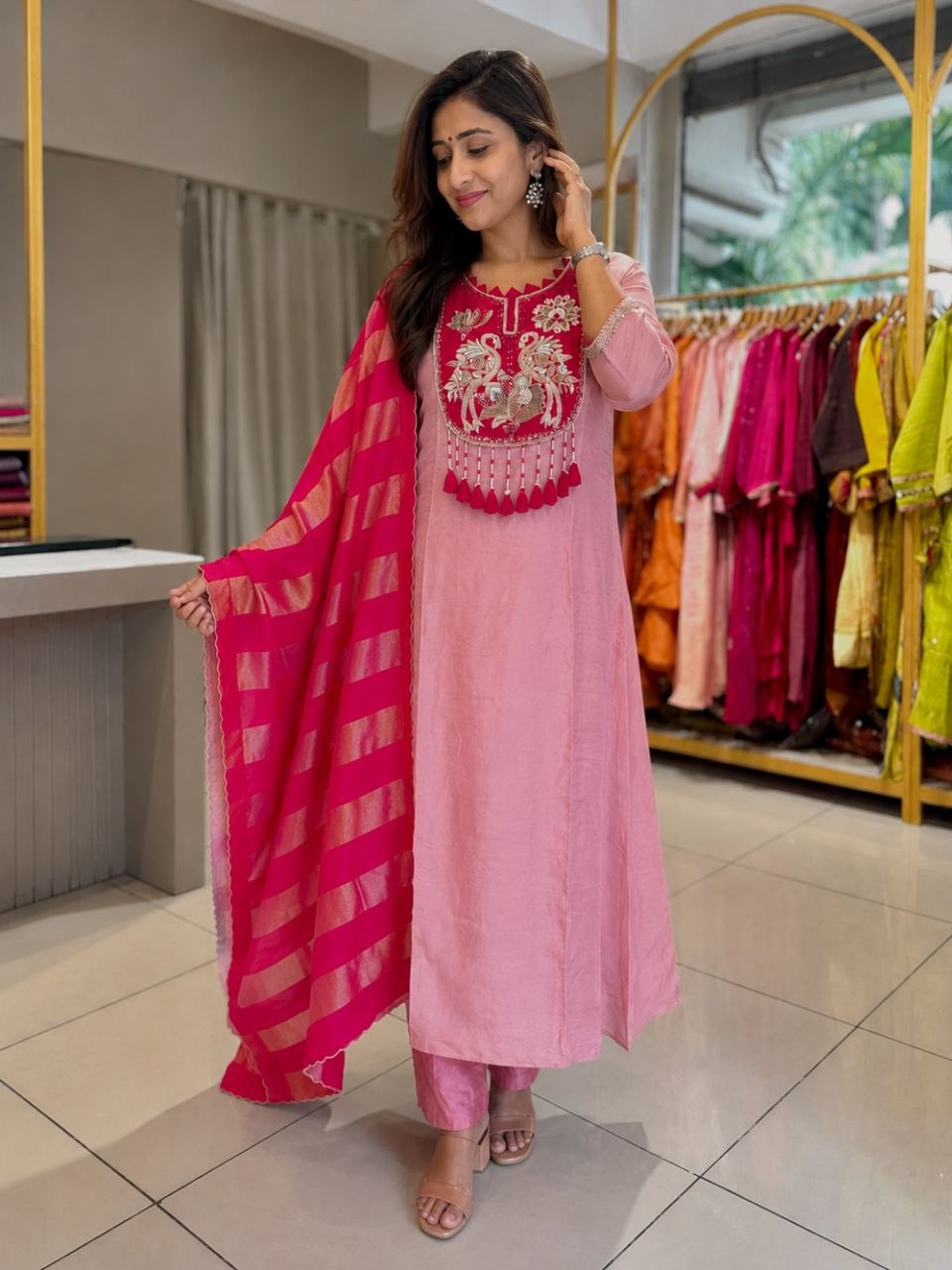 Pink Mul Chanderi Banarasi Suit Set