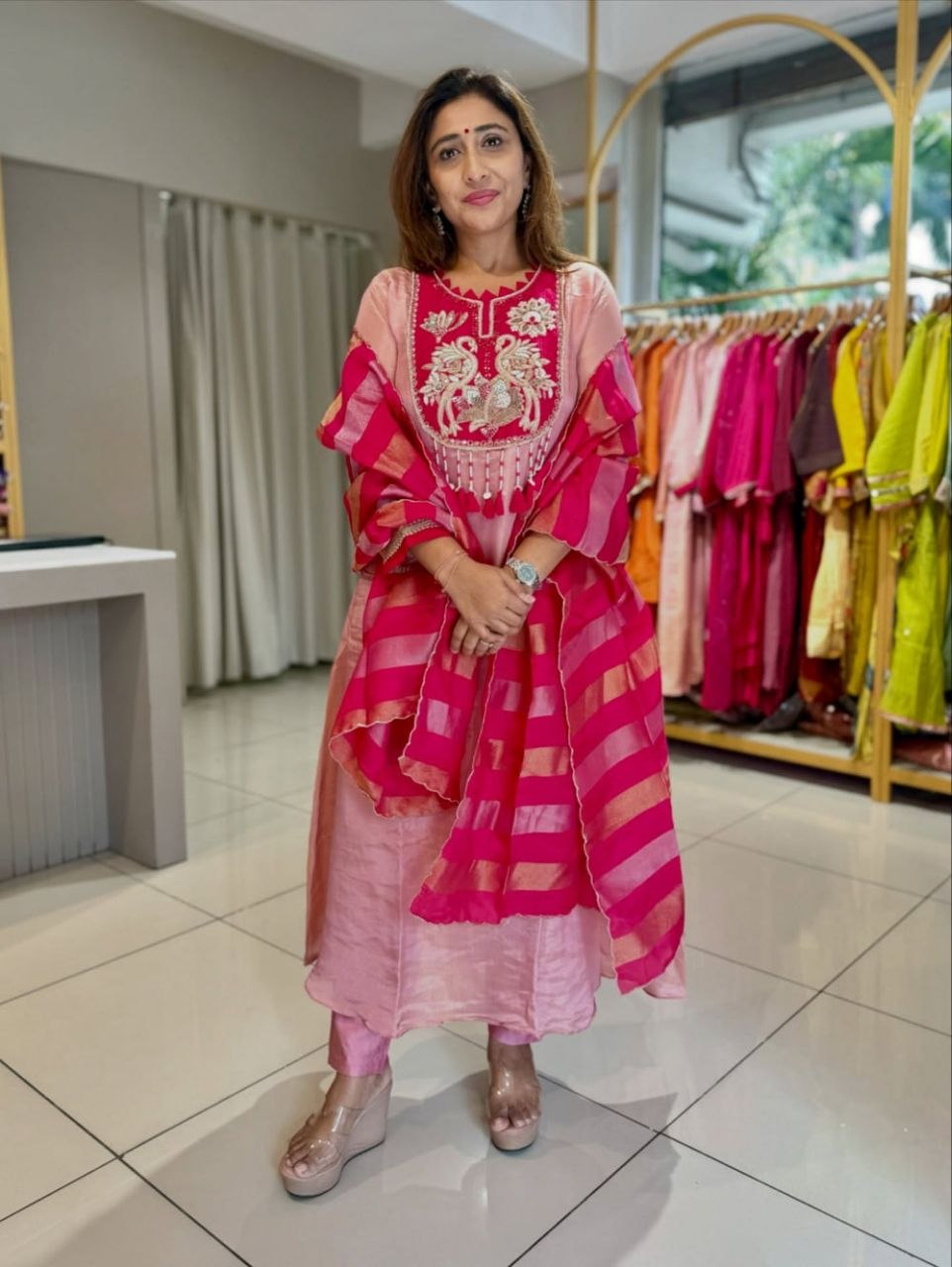 Pink Mul Chanderi Banarasi Suit Set