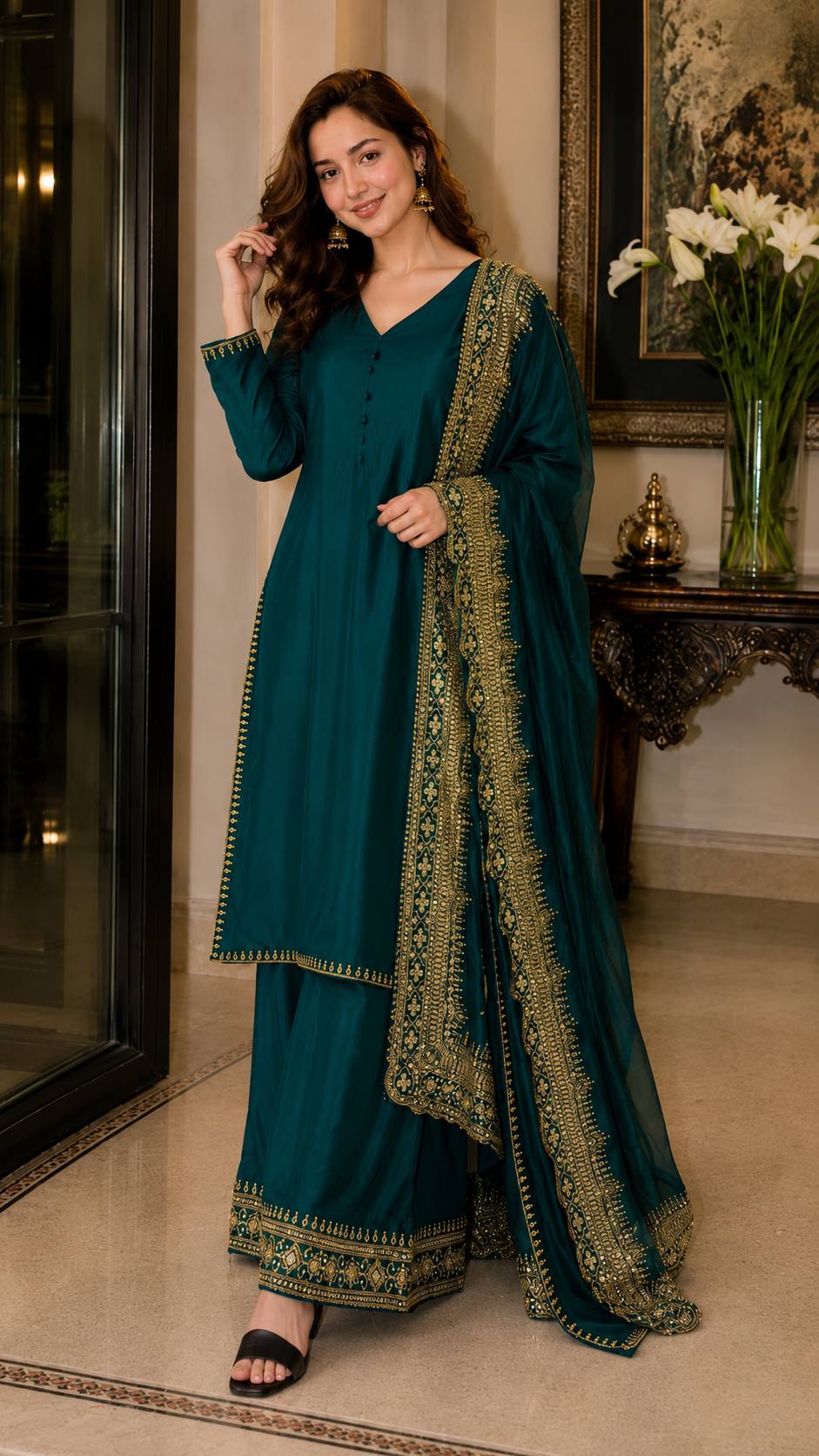 Crepe Silk Embroidered Palazzo Set