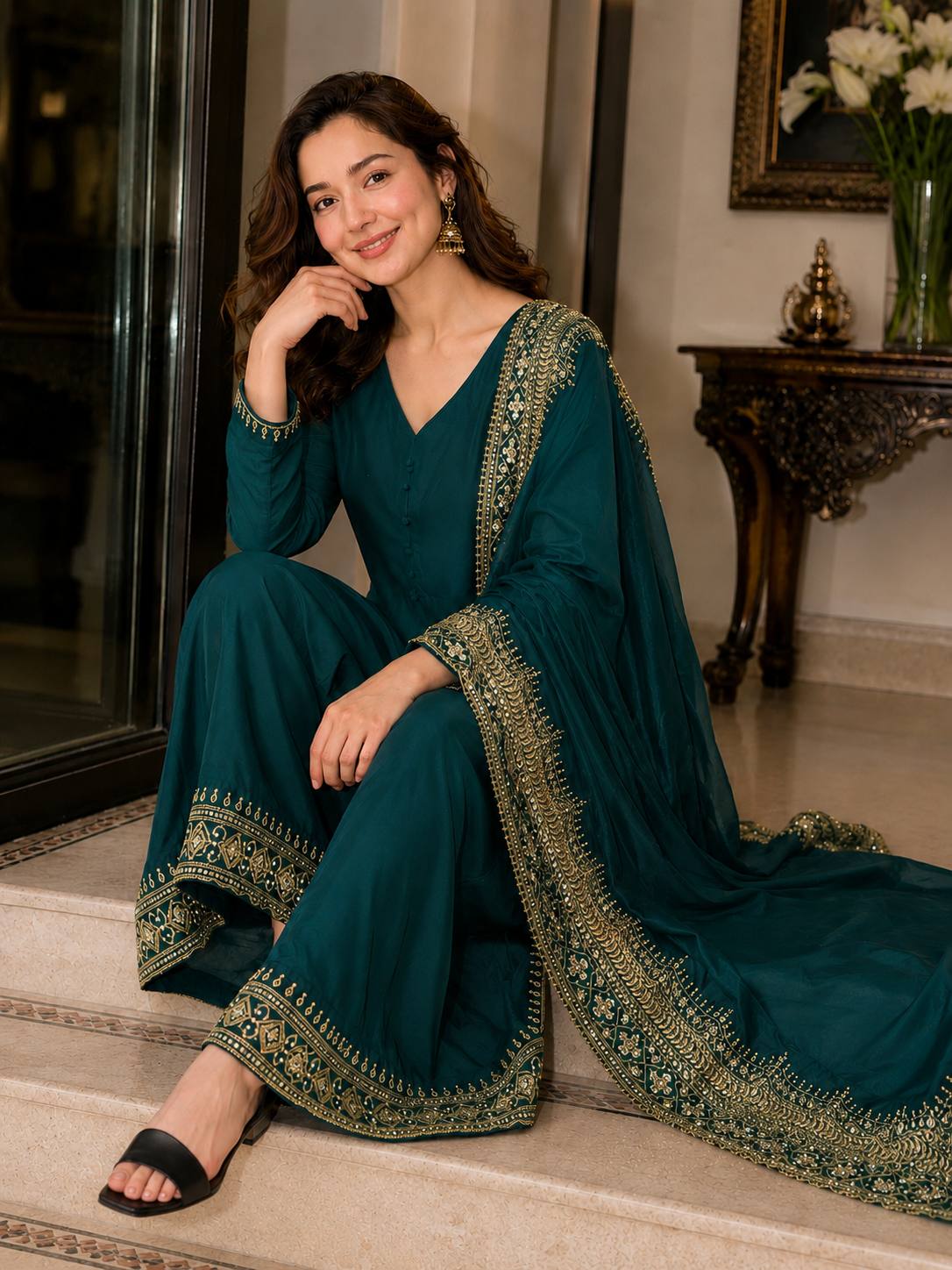 Crepe Silk Embroidered Palazzo Set